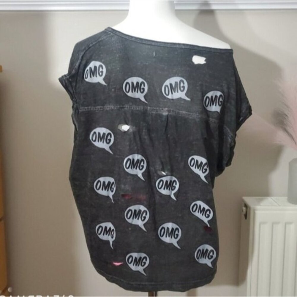 BUY 1 GET 1 FREE- Dark Grey Heather "OMG" Logo Print V Neck Slashed Tee